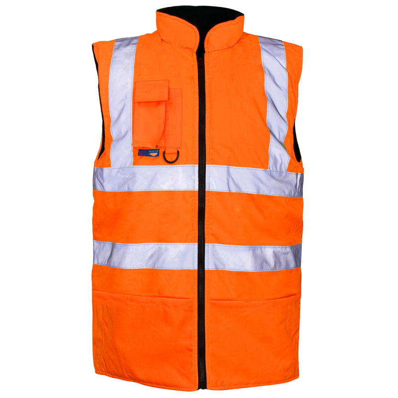 Supertouch reversible hi-vis bodywarmer with a fleece lining in orange.
