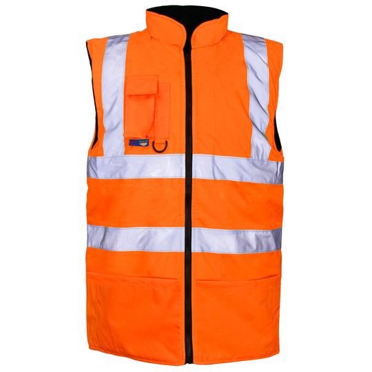 Supertouch reversible hi-vis bodywarmer with a fleece lining in orange.
