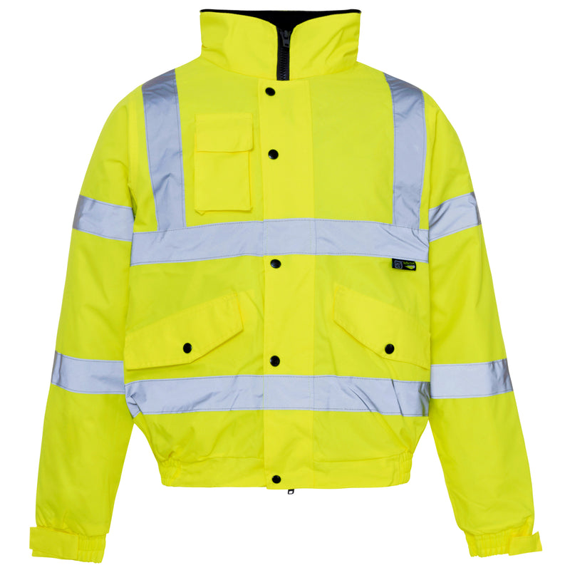 A protective Supertouch Yellow Hi Vis Standard Storm Bomber Jacket, suitable for various work environments.