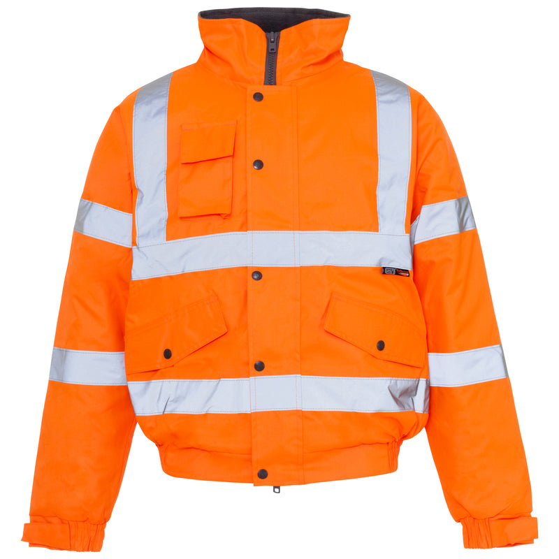 A protective Supertouch Orange Hi Vis Standard Storm Bomber Jacket, suitable for various work environments.