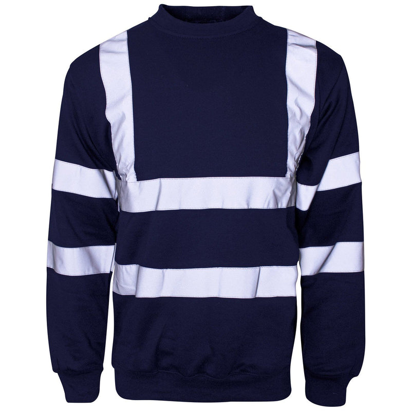 A comfortable and warm Supertouch Navy blue Hi Vis Crew Neck Sweatshirt for worksite use.