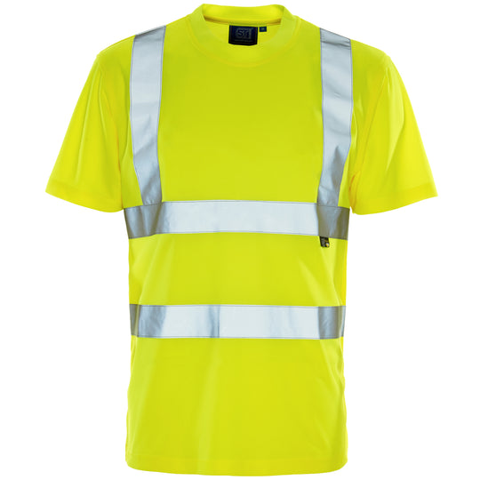 A Supertouch Yellow Hi Vis Bird Eye T Shirt shown from a clear angle.