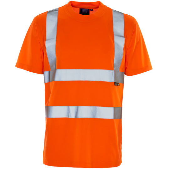 A Supertouch Orange Hi Vis Bird Eye T Shirt shown from a clear angle.