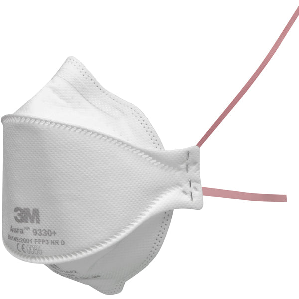 3M 9330+ Aura unvalved, 3-panel flat-fold FFP3 disposable respirator for high-level protection.