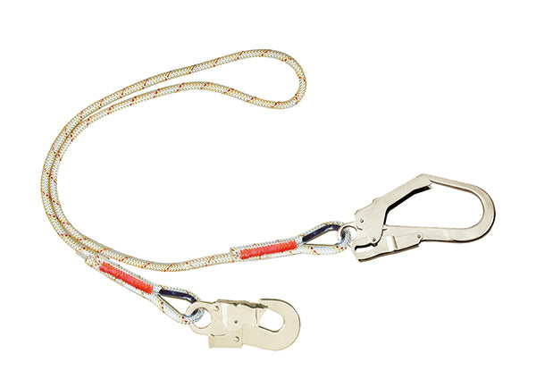 2-meter 3M Protecta single-leg rope restraint lanyard with a carabiner and scaffold hook.