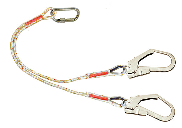 3M Protecta twin-leg rope restraint lanyard, 1.3-meter length, with two scaffold hooks.