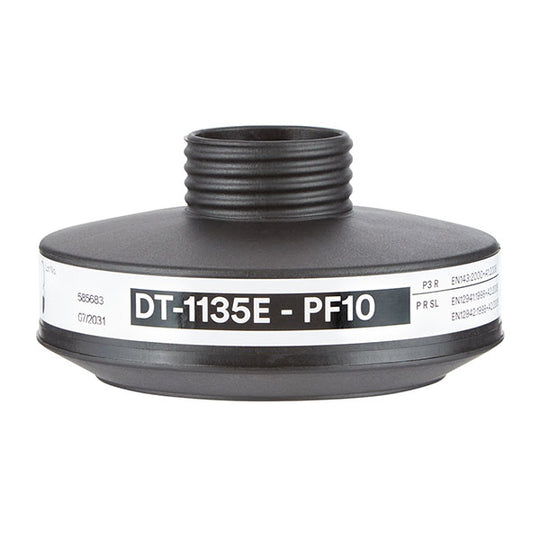 White, circular 3M DT-1135E P3 Particulate Filter for 3M PF-600E Powered Air Respirator.