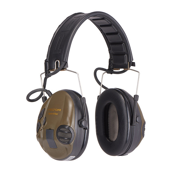 3M Peltor SportTac electronic, level-dependent hearing protectors with green ear cups.
