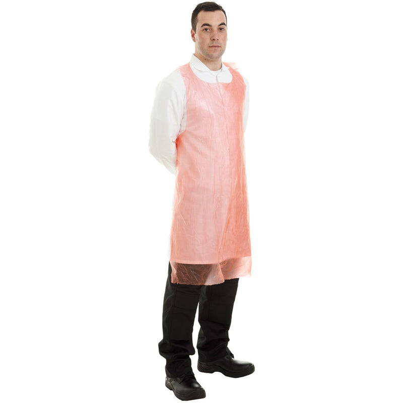 Disposable red PE aprons by Supertouch for cleanroom, healthcare, or catering use