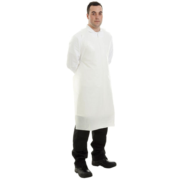 A disposable Supertouch White Pe Aprons 50 Micron for hygiene and splash protection in work areas.
