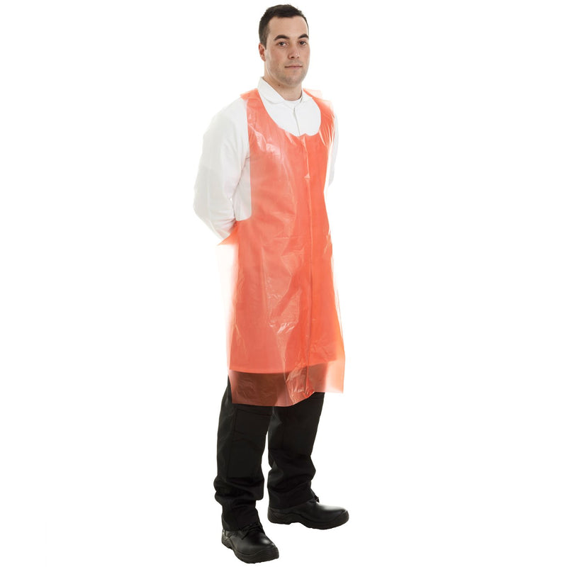 A disposable Supertouch Orange Pe Aprons 50 Micron for hygiene and splash protection in work areas.