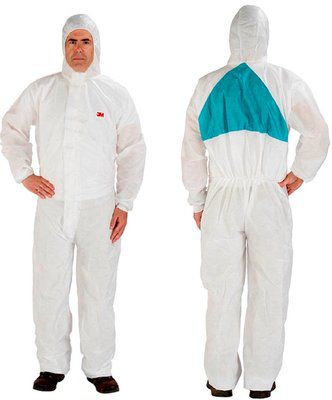 3M 4520 disposable protective coverall in white with a blue triangular back panel, size large.