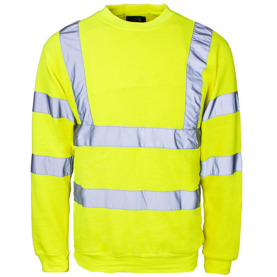 A comfortable and warm Supertouch Yellow Hi Vis Crew Neck Sweatshirt for worksite use.