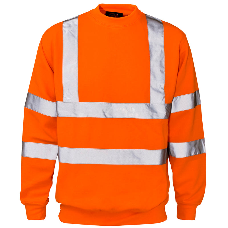 A comfortable and warm Supertouch Orange Hi Vis Crew Neck Sweatshirt for worksite use.