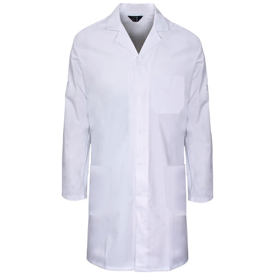 A Supertouch White Polycotton Lab Coat shown from a clear angle.