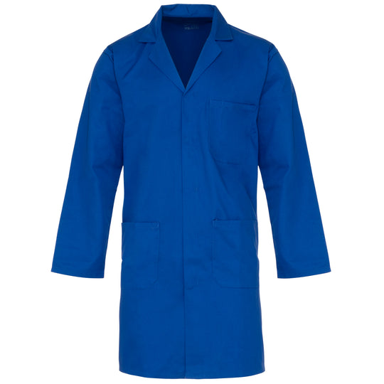 A Supertouch blue Polycotton Lab Coat shown from a clear angle.