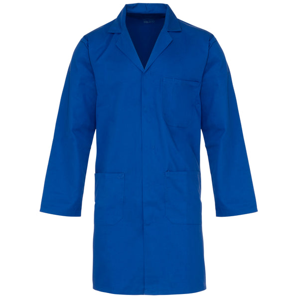A Supertouch blue Polycotton Lab Coat shown from a clear angle.