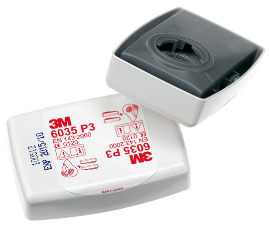 Encapsulated 3M 6035 P3R Particulate Filter in a rigid white plastic case for durability.