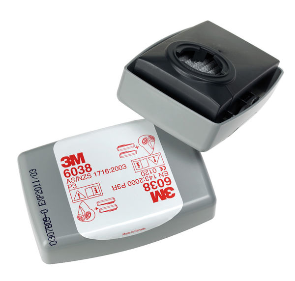 Encapsulated 3M 6038 P3R filter for hydrogen fluoride, particulate, and nuisance-level relief.