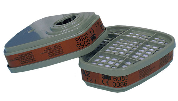 Brown-striped 3M 6055 A2 Gas and Vapour Filter for protection against organic vapours.