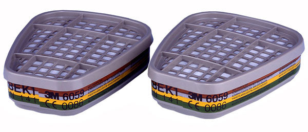 Pair of 3M 6059 gas and vapor filters with multicolor-coded stripes, designed for respiratory masks.
