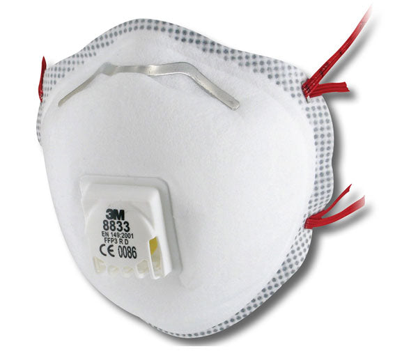 Close-up of the 3M 8833 valved FFP3 disposable cup-shaped respirator, showing the red valve.
