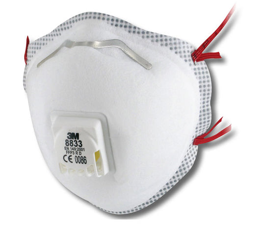 3M 8833 valved disposable cup-shaped respirator mask with comfortable face seal, FFP3 rated.