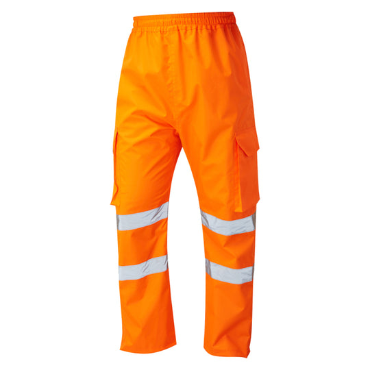 Leo Workwear orange high-visibility Cargo Overtrousers for dependable protection in hazardous environments