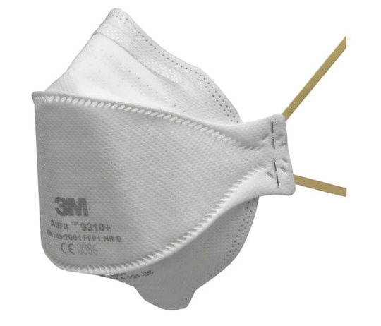 3M 9310+ Aura unvalved, flat-fold disposable respirator providing FFP1 protection.