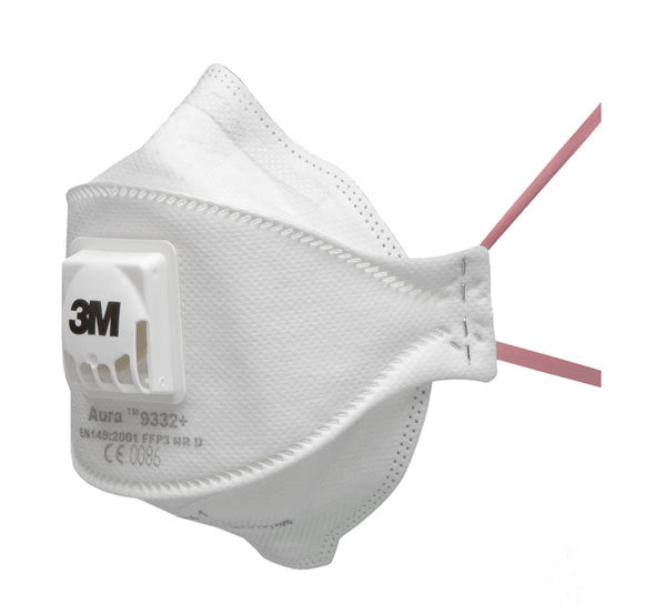 Pack of ten 3M 9332+ Aura valved FFP3 flat-fold respirators in original packaging.