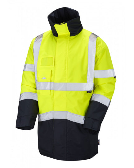 Leo Workwear Marwood yellow and navy hi-vis vest for enhanced visibility and workplace safety
