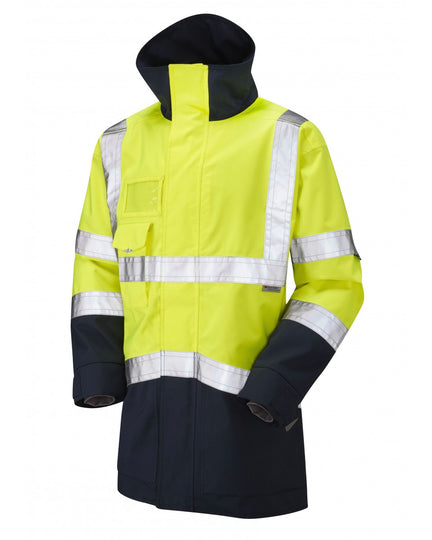 Leo Workwear Clovelly yellow and navy hi-vis safety vest providing durable workwear protection