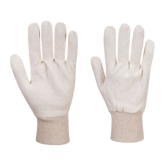 A pair of natural-colored Portwest A040 jersey liner gloves.