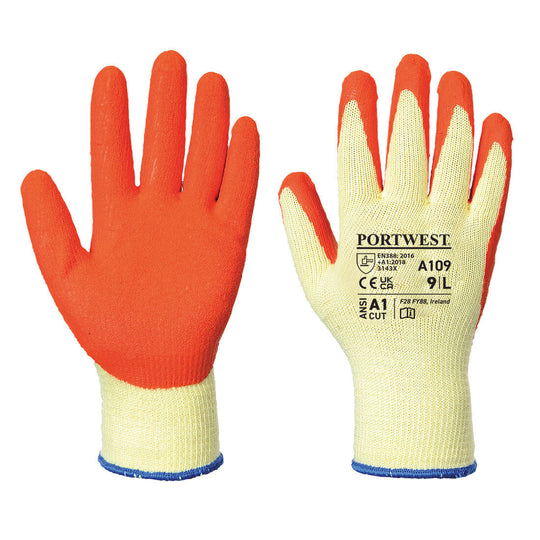 Hi-vis orange Portwest A109 Grip Glove with black latex palm coating.