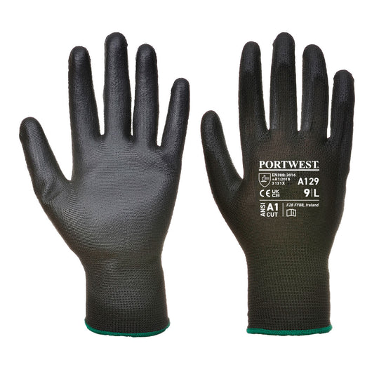 A pair of black Portwest A129 PU palm gloves.