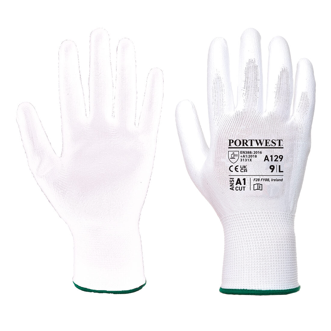 A pair of white Portwest A129 PU palm gloves.