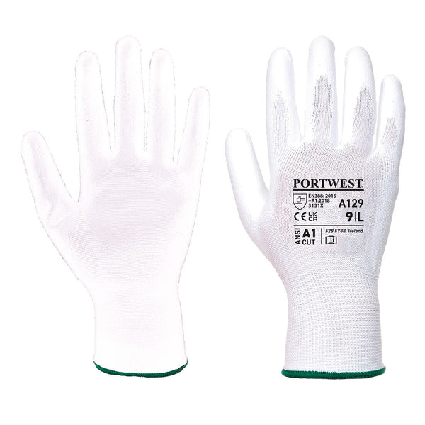 A pair of white Portwest A129 PU palm gloves.