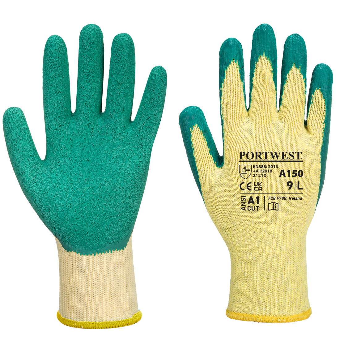 Green Portwest A150 Latex Coated Grip Glove on a white surface.