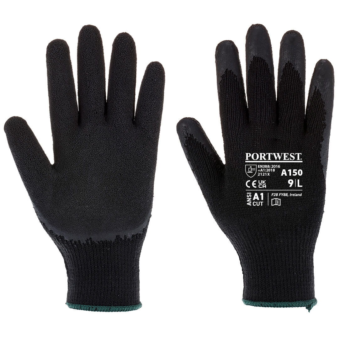 Black Portwest A150 Latex Coated Grip Glove showing textured palm.