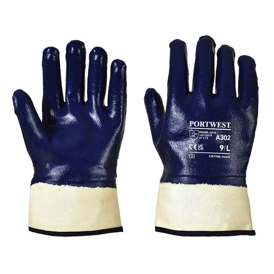 Navy Portwest A302 Fully Coated Nitrile Glove with safety cuff.