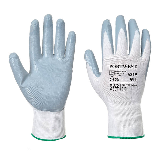 A pair of grey and white Portwest A319 Flexo Grip nitrile gloves.