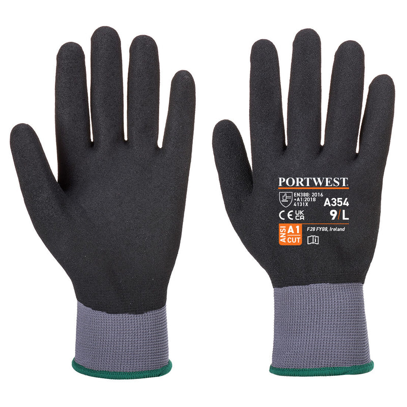 Black Portwest A354 PU Cut Resistant Glove with level B cut resistance.