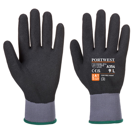 Black Portwest A354 PU Cut Resistant Glove with level B cut resistance.