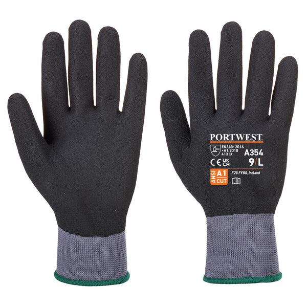 Black Portwest A354 PU Cut Resistant Glove with level B cut resistance.