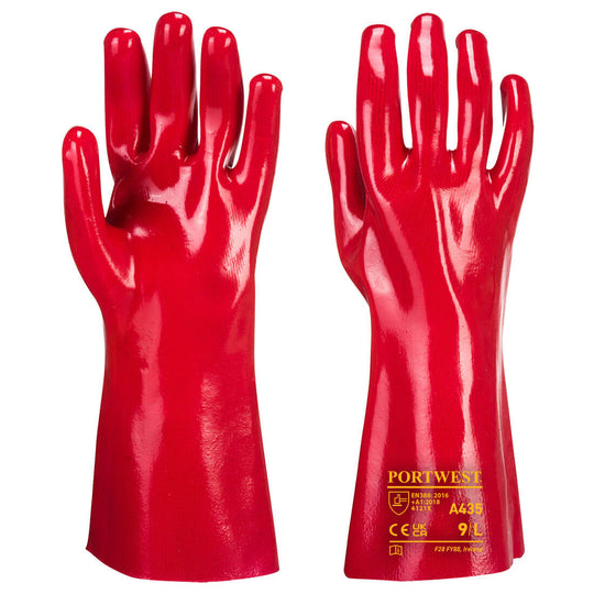Red Portwest A435 Chemical Gauntlet with granular finish for grip.