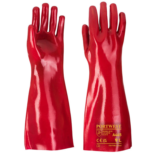 Red Portwest A445 Double-Dipped PVC Gauntlet for chemical protection.