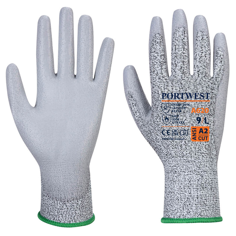 A pair of grey Portwest A620 LR Cut PU Palm gloves.