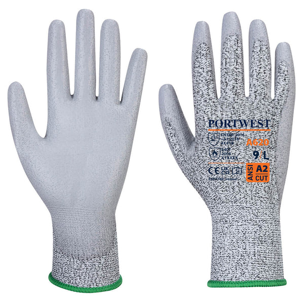 A pair of grey Portwest A620 LR Cut PU Palm gloves.