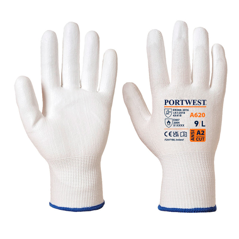 A pair of white Portwest A620 LR Cut PU Palm gloves.