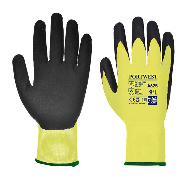 Yellow and black Portwest A625 Nitrile Foam Cut-Resistant Glove, level D.